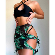 3PCS Halter Bikini Set With Tropical Print Cutout Cover Up - black