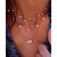 3pcs Layered Star Devil Eye Pendant Rhinestone Decor Necklace - gold