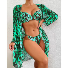 3PCS Leopard Print Bikini Set With Cover Up - green