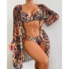 3PCS Leopard Print Bikini Set With Cover Up - Leopard