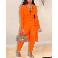 3PCS Letter Print Ribbed Top & Pants Set With Coat - orange