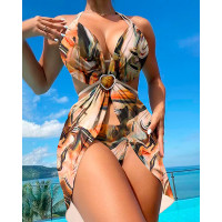 3PCS Marble Print Halter Bikini Set With Cover Up - Apricot