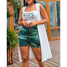 3PCS Nope Not Today Camo Print Crop Top & Shorts Set With Vest Coat - camoflage