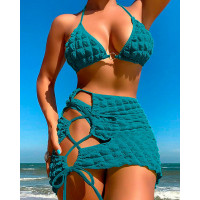 3PCS O-Ring Halter Textured Bikini Set With Cover Up - blue