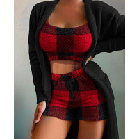 3PCS Plaid Print Drawstring Fluffy Cami Set With Cardigan - red