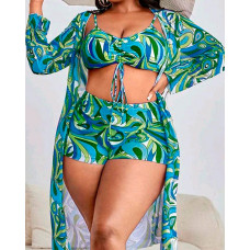 3PCS Plus Size Tropical Print Drawstring Bikini Set With Cover Up - green