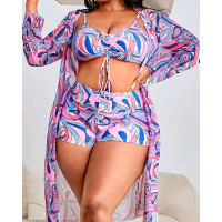 3PCS Plus Size Tropical Print Drawstring Bikini Set With Cover Up - purple