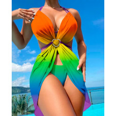 3PCS Rainbow Ombre Tie Dye Print Halter Bikini Set With Cover Up - Multicolor