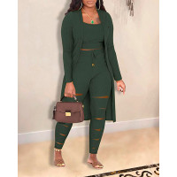 3PCS Ribbed Cami Top & Ladder Cutout Pants Set With Coat - Army green