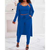 3PCS Ribbed Cami Top & Pants Set With Longline Coat - blue