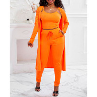 3PCS Ribbed Cami Top & Pants Set With Longline Coat - orange