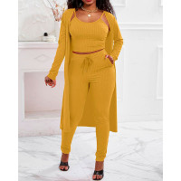 3PCS Ribbed Cami Top & Pants Set With Longline Coat - yellow