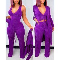 3PCS Ribbed Crop Tank Top & Pants Set With Coat - purple