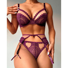 3PCS Sheer Mesh Lace Garter Lingerie Set - purple