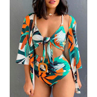 3PCS Spaghetti Strap Tropical Print Knotted Bikini Set With Cover Up - green