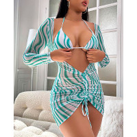 3PCS Striped Print Halter Bikini Set With Drawstring Cover Up - green