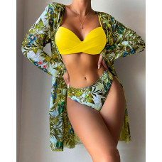 3PCS Tropical Floral Print Crisscross Bikini Set With Cover Up - yellow