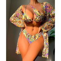 3PCS Tropical Leopard Print Bikini Set With Cover Up - Leopard