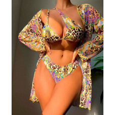 3PCS Tropical Leopard Print Bikini Set With Cover Up - Leopard