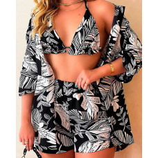 3PCS Tropical Print Blouse & Shorts Set With Bra Top - black