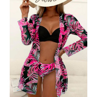 3PCS Tropical Print Crisscross Bikini Set With Cover Up - red