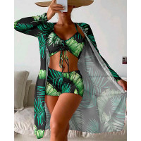 3PCS Tropical Print Drawstring Bikini Set With Cover Up - black