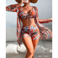 3PCS Tropical Print Drawstring Bikini Set With Cover Up - coffee