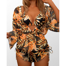 3PCS Tropical Print Halter Bikini Set With Cover Up - black