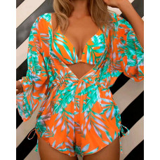 3PCS Tropical Print Halter Bikini Set With Cover Up - orange