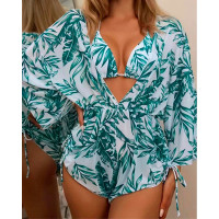 3PCS Tropical Print Halter Bikini Set With Romper - green