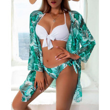 3PCS Tropical Print Tied Detail Bikini Set With Cover Up - green