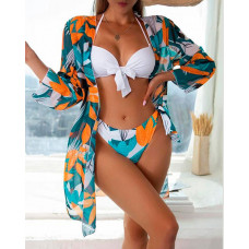 3PCS Tropical Print Tied Detail Bikini Set With Cover Up - orange