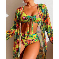 3PCS Tropical Print Tied Detail Bikini Set With Cover Up - yellow