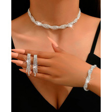 3PCS Twisted Rhinestone Choker & Tassel Drop Earrings & Bracelet Wedding Bridal Jewelry Set - white