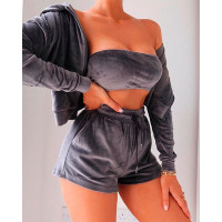 3PCS Velvet Tube Top & Drawstring Shorts With Zip Up Hooded Coat Set - Dark grey