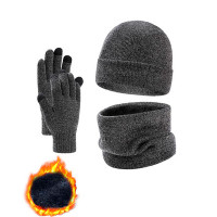 3PCS Winter Knitted Warm Fleece Lined Beanie Scarf Gloves Set - gray