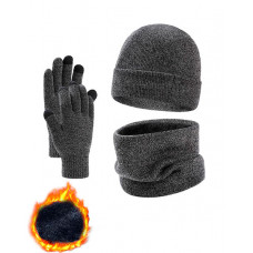 3PCS Winter Knitted Warm Fleece Lined Beanie Scarf Gloves Set - gray