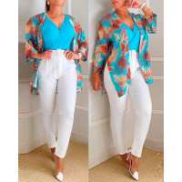 3PCS Wrap Cami Top & Belted Pants Set With Tropical Print Blouse - blue