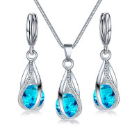 3pcs Zircon Crystal Rhinestone Water Drop Earrings & Necklace Jewelry Set - blue