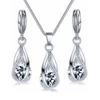 3pcs Zircon Crystal Rhinestone Water Drop Earrings & Necklace Jewelry Set - white