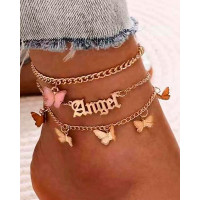 3PCS/Set Butterfly Angel Letter Pattern Anklets - pink