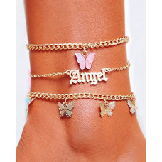 3PCS/Set Butterfly Angel Letter Pattern Anklets - purple