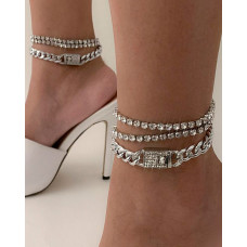 3PCS/Set Layered Lock Pattern Chain Anklets - silver