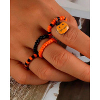 4pcs Halloween Beaded Pumpkin Pattern Ring Set - orange