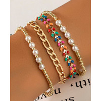 4PCS Herringbone Pearls Decor Chain Bracelets Set - Multicolor