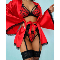 4PCS Leopard Print Contrast Lace Garter Lingerie Set With Robe - red