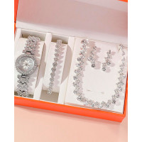 4pcs Mother's Day Gifts Allover Rhinestone Quartz Watch & Bracelet & Drop Earrings & Necklace Jewelry Set - silver