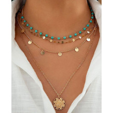 4pcs Multi-layer Beaded turquoise Disc Pendant Necklaces Set - gold