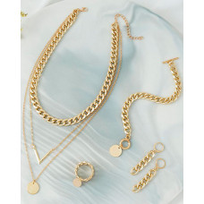 4pcs Multi-layer Disc Pendant Necklace & OT Toggle Bracelet & Earrings & Ring Set - gold