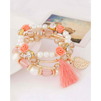 4PCS/Set Floral Leaf Pattern Tassel Design Beaded Bracelets - pink